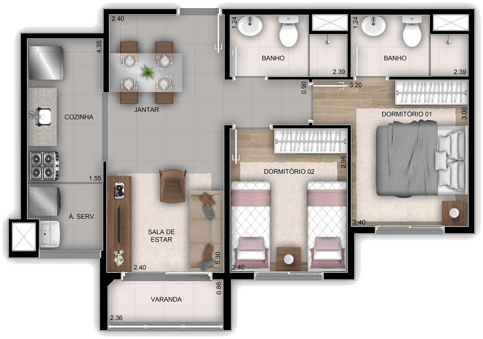 Planta humanizada de referência de 2 quartos do Orla Recreio Grumari