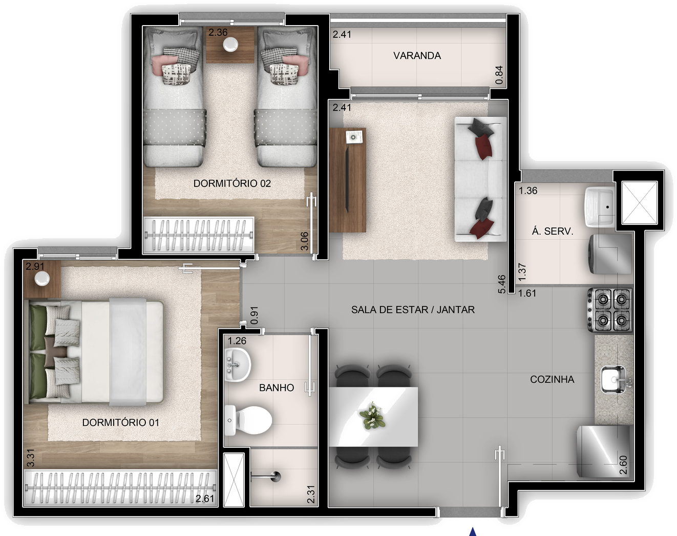 Planta humanizada de referência de 2 quartos do Orla Recreio Prainha