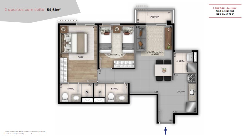 Planta baixa do apartamento 2 quartos com suíte do Américas 19 Recreio — layout 54,61m² com suíte, dormitório, sala integrada, varanda e 2 banheiros