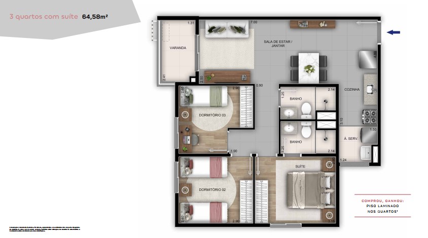Planta baixa do apartamento 3 quartos com suíte do Américas 19 Recreio — layout 64,58m² com suíte, 2 dormitórios, sala integrada e varanda