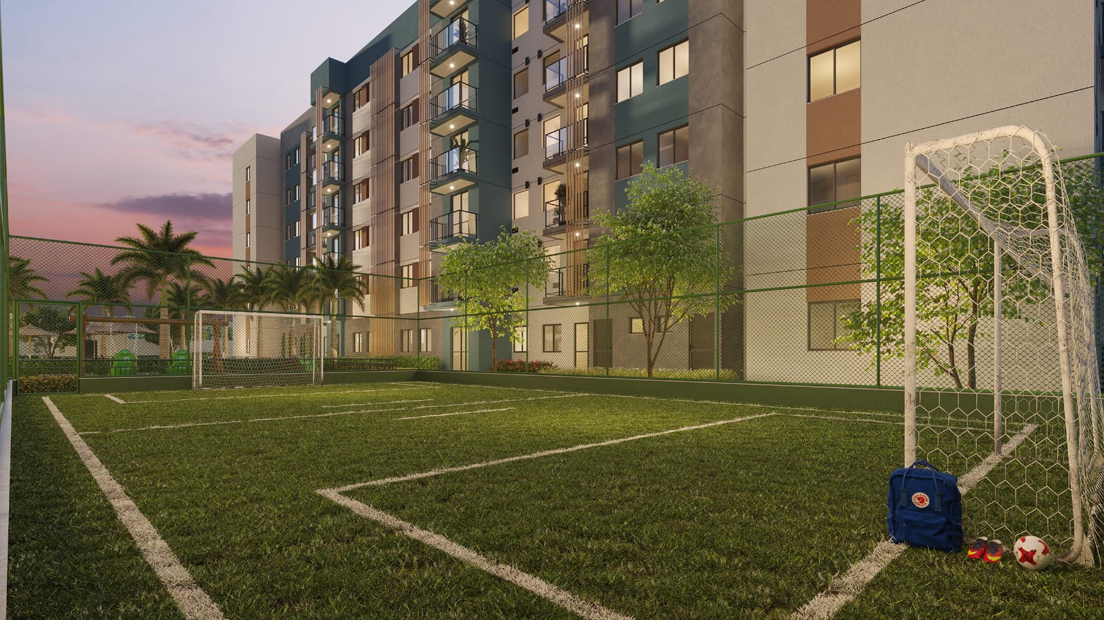 Campo society de grama do condomínio Américas 19 — lazer externo Cury Construtora Recreio dos Bandeirantes