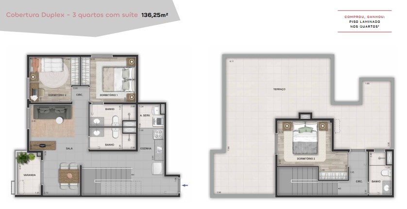 Planta cobertura duplex 3 quartos suíte do Américas 19 Recreio — 136,25m² com terraço privativo e 2 vagas de garagem