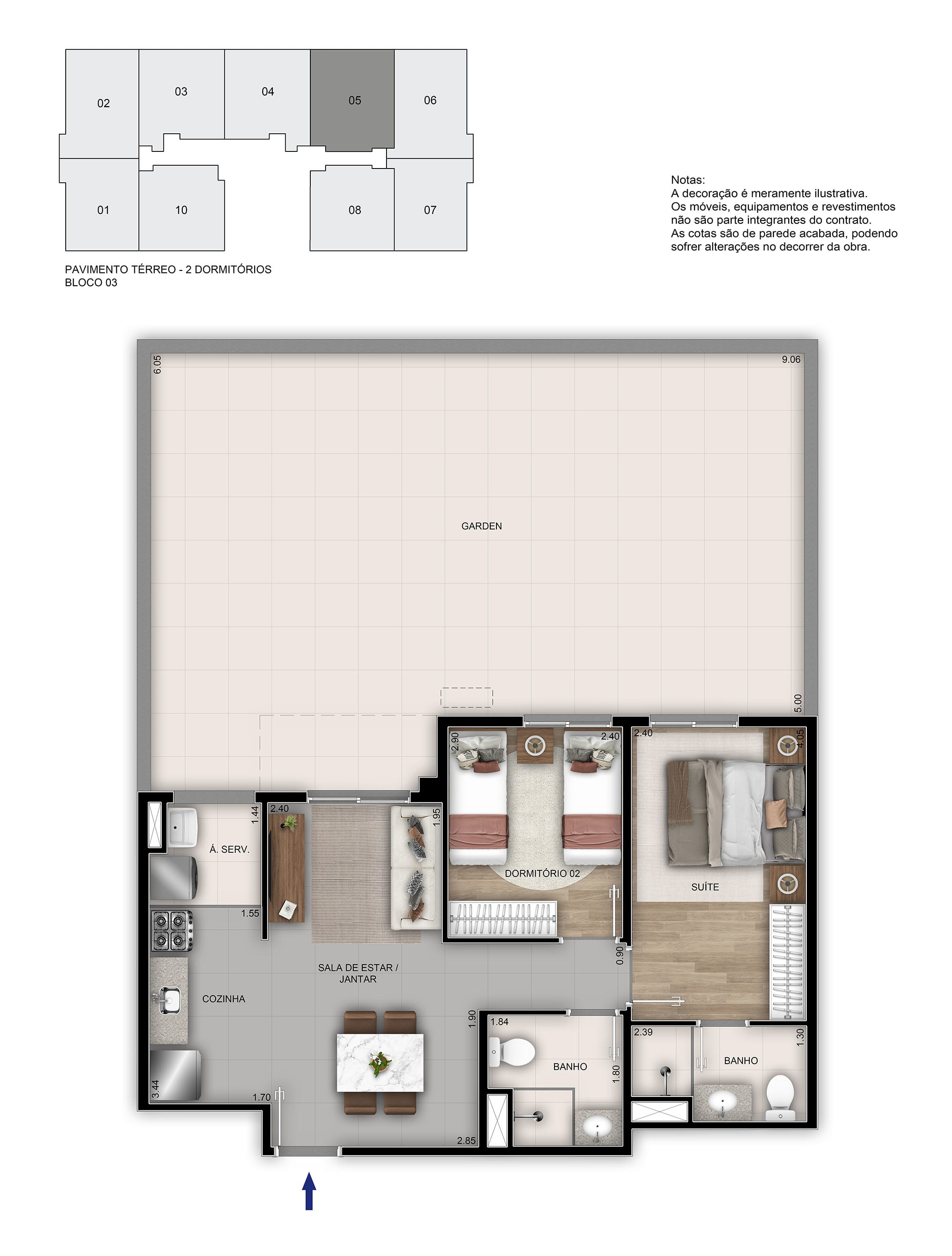 Planta baixa garden 2 quartos com suíte do Américas 19 Recreio — térreo com quintal privativo e área de 103,69m²