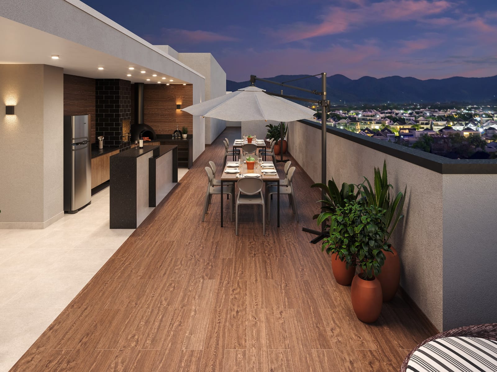 Rooftop gourmet do Américas 19 Recreio — área externa no último pavimento com vista panorâmica para o bairro