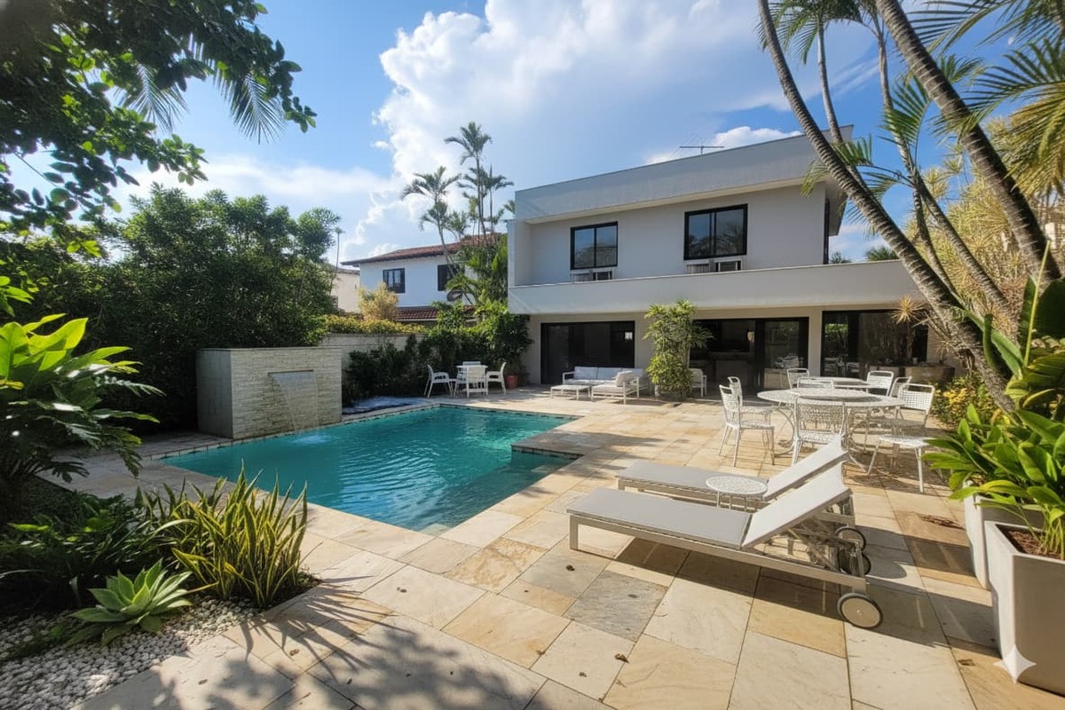 Render IA conceito de reforma interior sala integrada moderna casa Vivendas do Bosque Barra da Tijuca