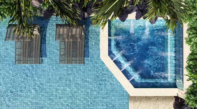 Perspectiva ilustrativa: Hidromassagem. Claris Casa e Clube da Tegra na Barra da Tijuca, Rio de Janeiro.