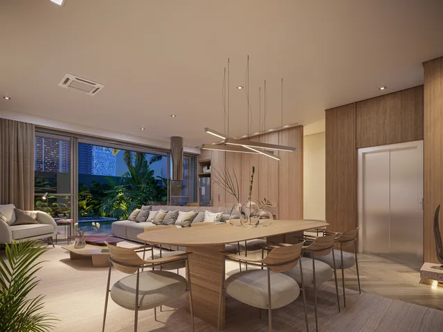 Perspectiva ilustrativa: Sala Azaléia - Casa 10 - opção de planta com elevador. Claris Casa e Clube da Tegra na Barra da Tijuca, Rio de Janeiro.