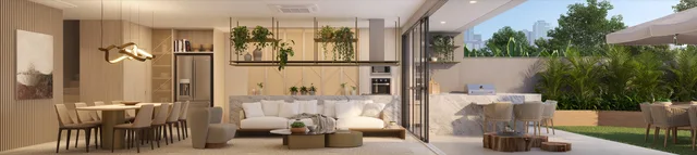 Perspectiva ilustrativa: Sala Hibisco - Casa 02. Claris Casa e Clube da Tegra na Barra da Tijuca, Rio de Janeiro.