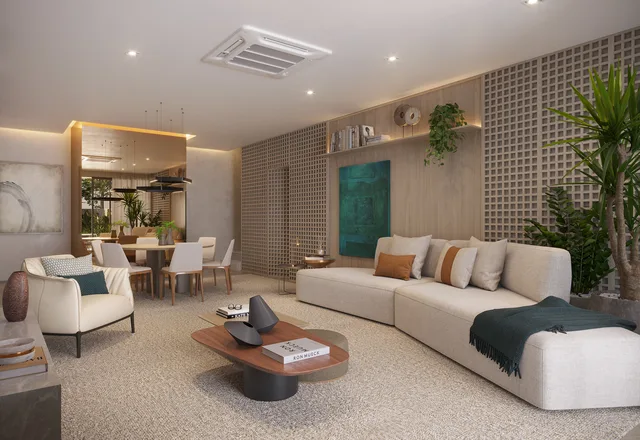 Perspectiva ilustrativa: Sala Lavanda · casa 02 · opção de cozinha fechada. Claris Casa e Clube da Tegra na Barra da Tijuca, Rio de Janeiro.