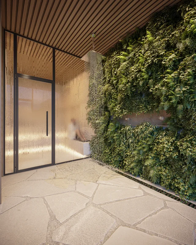Perspectiva ilustrativa: Sauna e Duchas. Claris Casa e Clube da Tegra na Barra da Tijuca, Rio de Janeiro.