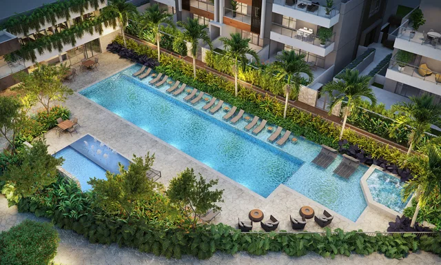 Perspectiva ilustrativa: Piscinas. Claris Casa e Clube da Tegra na Barra da Tijuca, Rio de Janeiro.