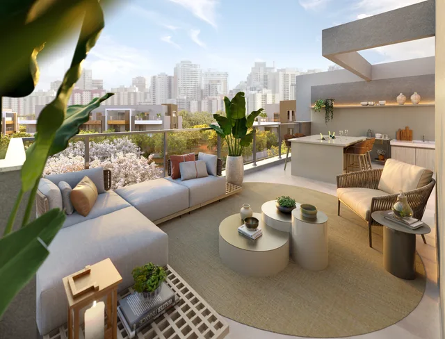 Perspectiva ilustrativa: Terraço da Cobertura Jasmin - Casa 01. Claris Casa e Clube da Tegra na Barra da Tijuca, Rio de Janeiro.