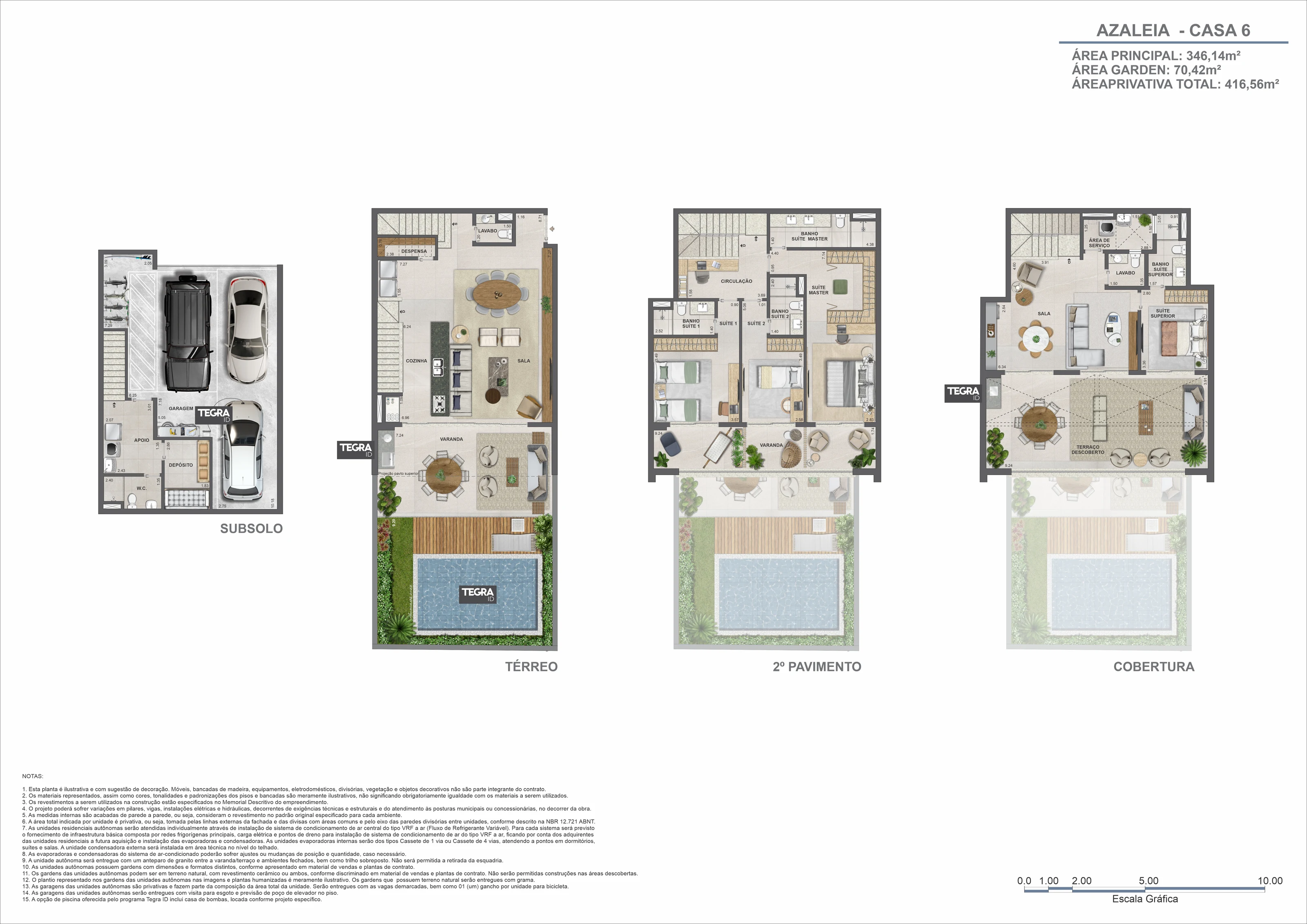 Planta ilustrativa dos quatro pavimentos da casa 6, bloco Azaleia, Claris Casa e Clube da Tegra na Barra da Tijuca