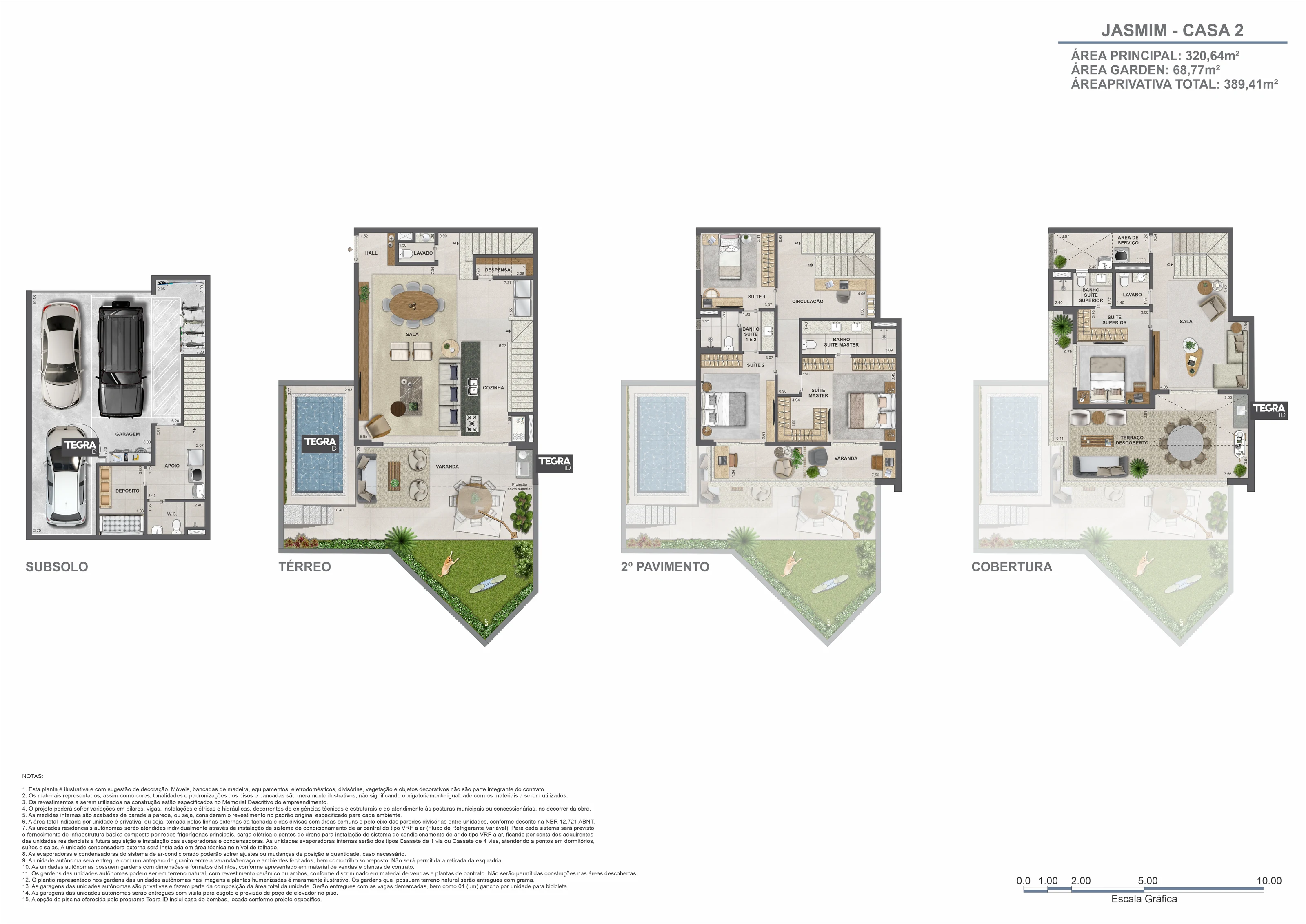 Planta ilustrativa dos quatro pavimentos da casa 2, bloco Jasmim, Claris Casa e Clube da Tegra na Barra da Tijuca
