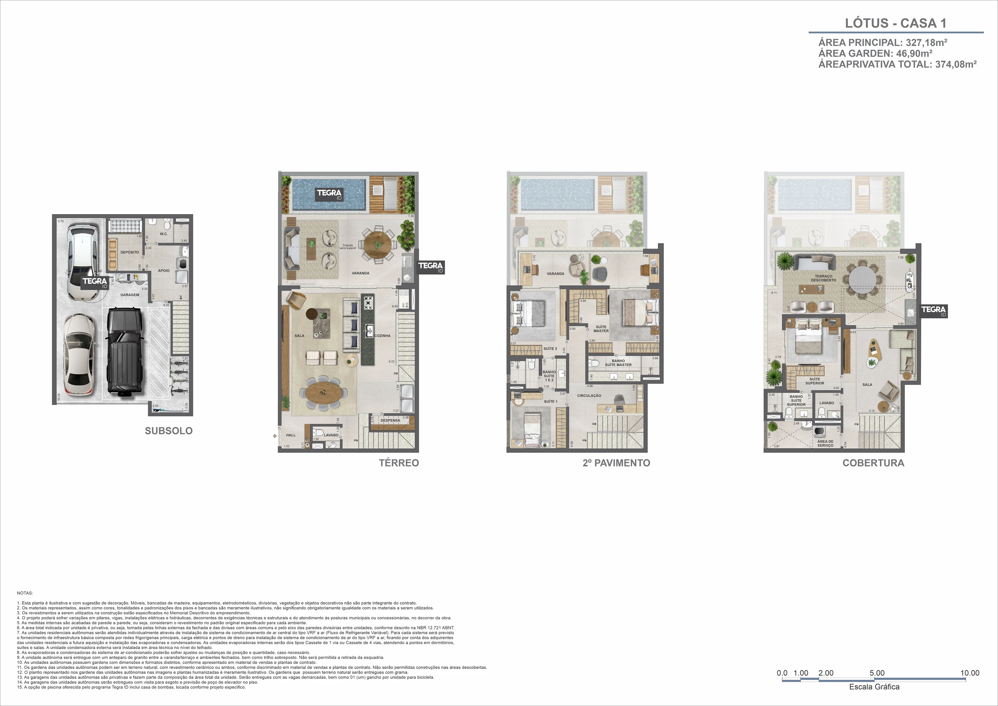 Planta ilustrativa dos quatro pavimentos da casa 1, bloco Lótus, Claris Casa e Clube da Tegra na Barra da Tijuca