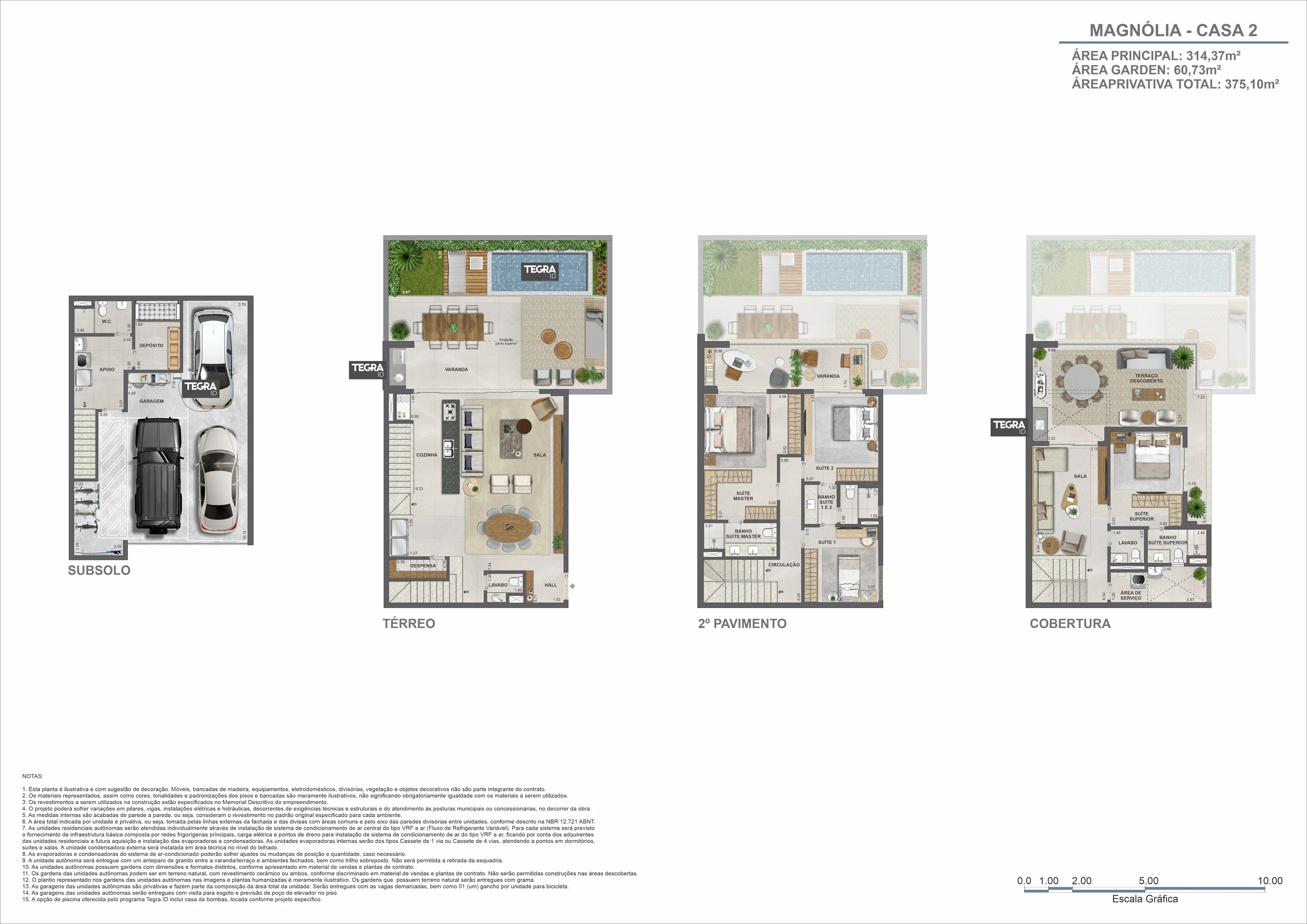 Planta ilustrativa dos quatro pavimentos da casa 2, bloco Magnólia, Claris Casa e Clube da Tegra na Barra da Tijuca