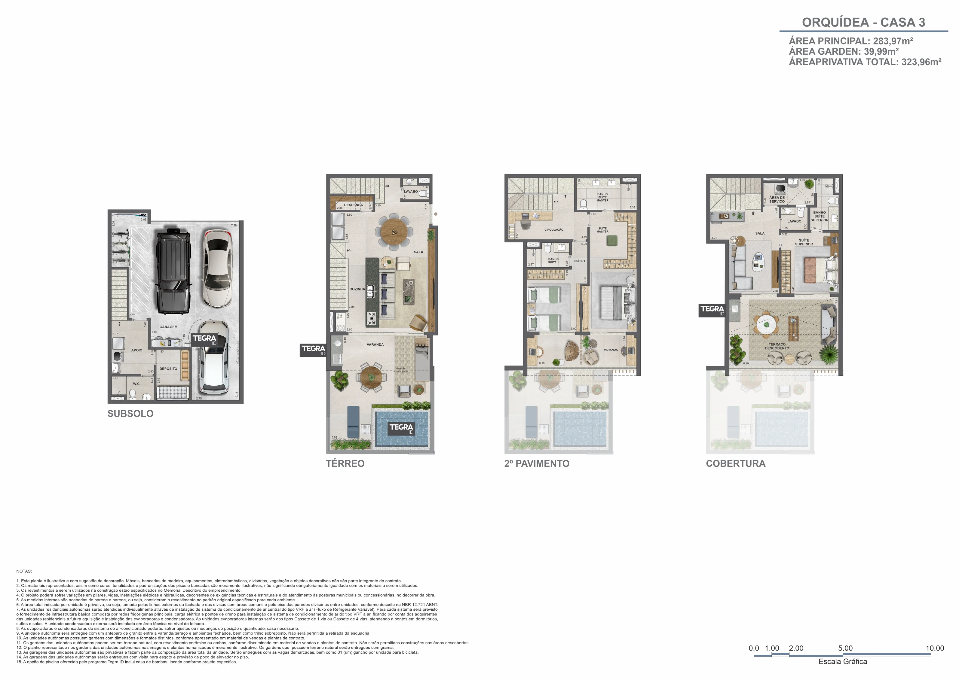 Planta ilustrativa dos quatro pavimentos da casa 3, bloco Orquídea, Claris Casa e Clube da Tegra na Barra da Tijuca