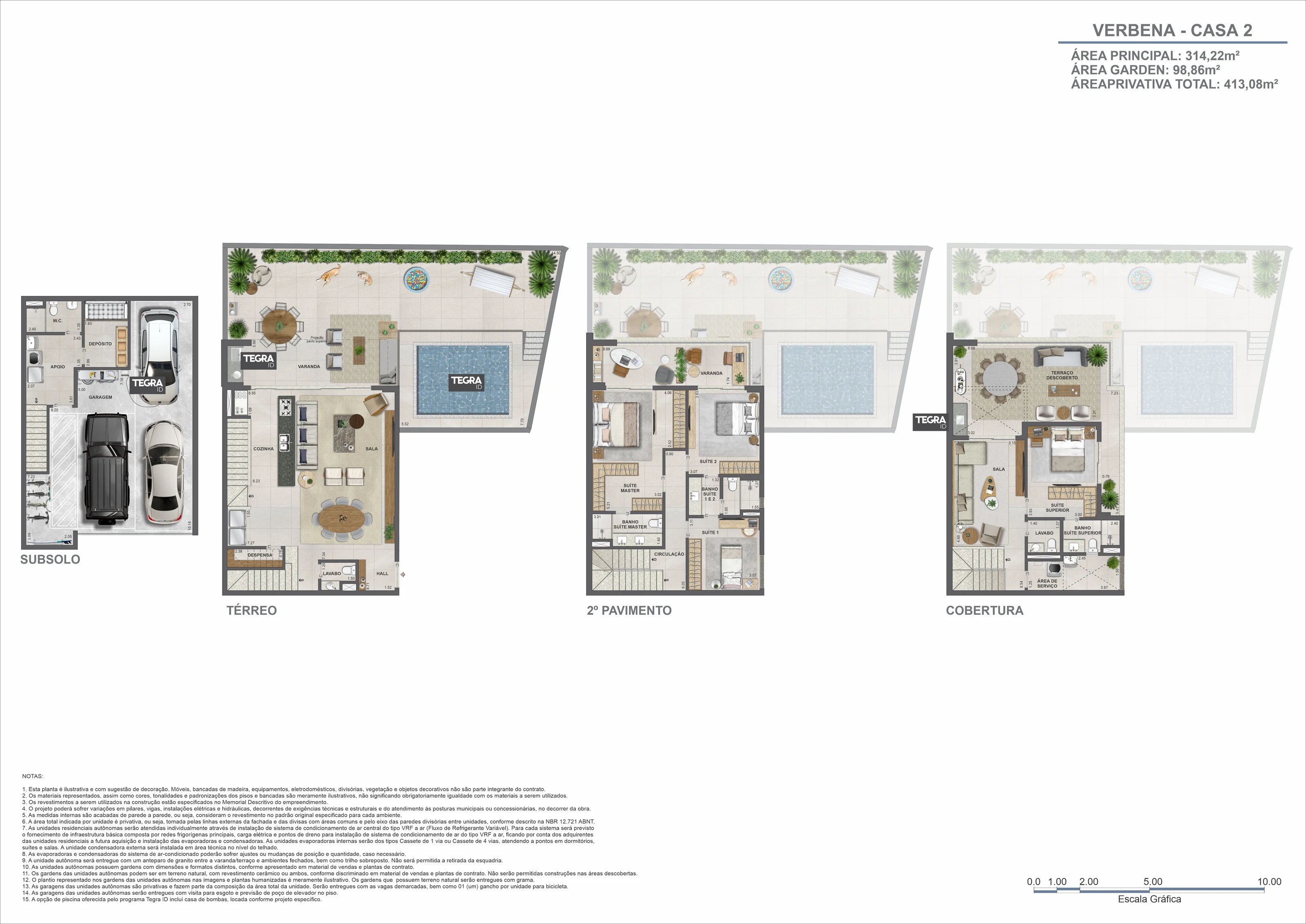 Planta ilustrativa dos quatro pavimentos da casa 2, bloco Verbena, Claris Casa e Clube da Tegra na Barra da Tijuca