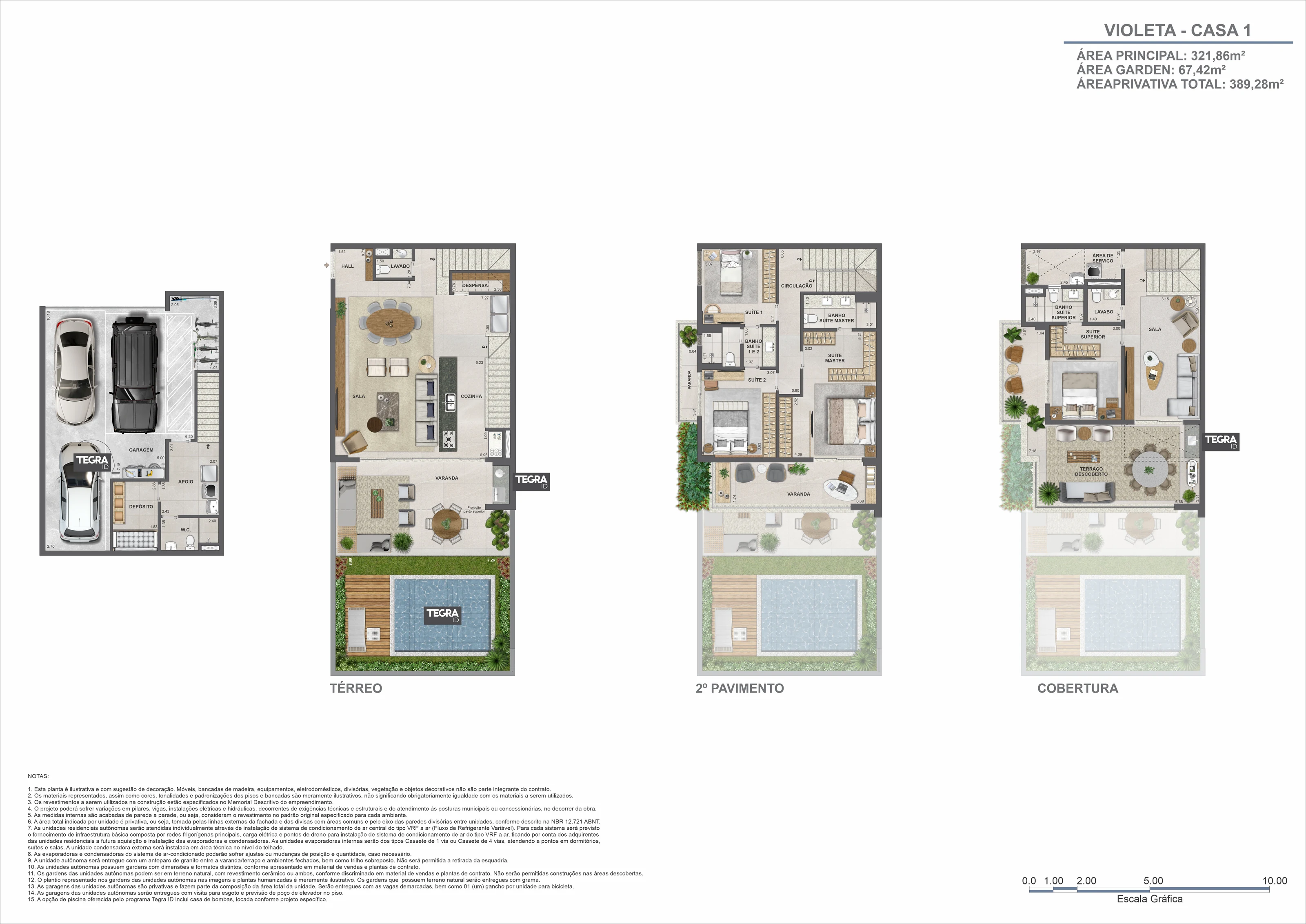Planta ilustrativa dos quatro pavimentos da casa 1, bloco Violeta, Claris Casa e Clube da Tegra na Barra da Tijuca