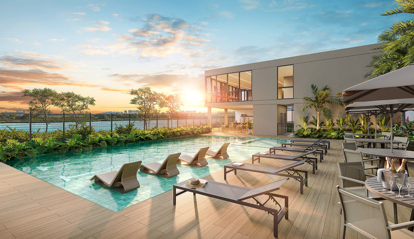 Deck molhado e solarium do Breeze Inspire Residence ao pôr do sol, Barra Olímpica Rio de Janeiro