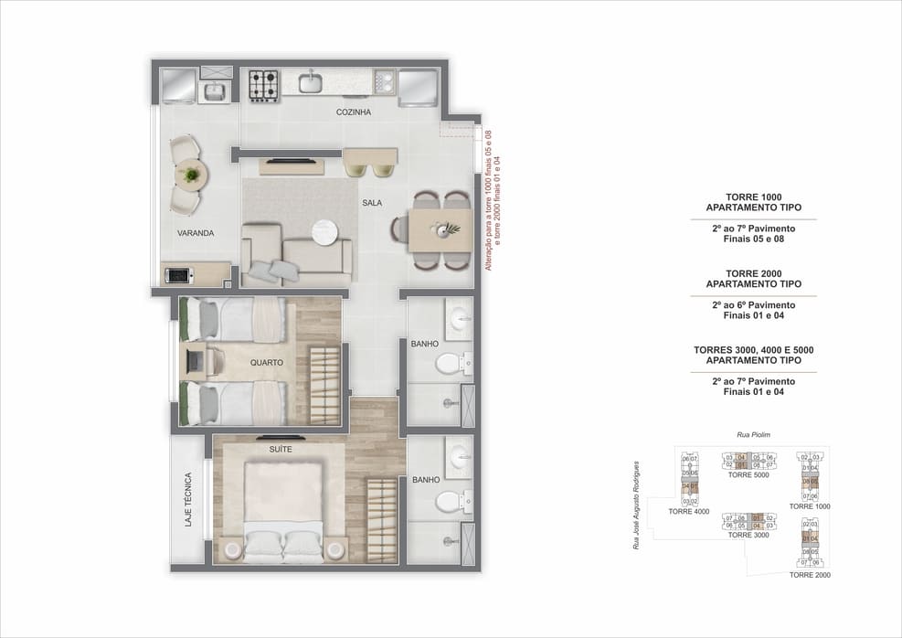 Planta baixa do apartamento tipo de 2 quartos com suíte e varanda do Breeze Inspire Residence