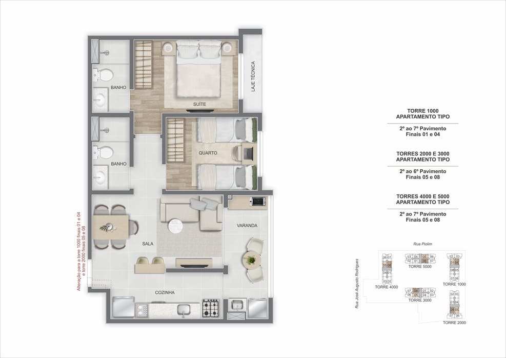 Planta baixa do apartamento tipo de 3 quartos com suíte e semi-suíte do Breeze Inspire Residence