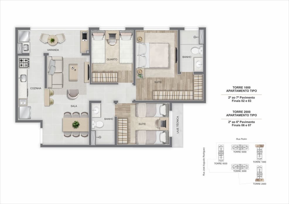 Planta do apartamento garden de 2 quartos com quintal privativo e piscina do Breeze Inspire Residence