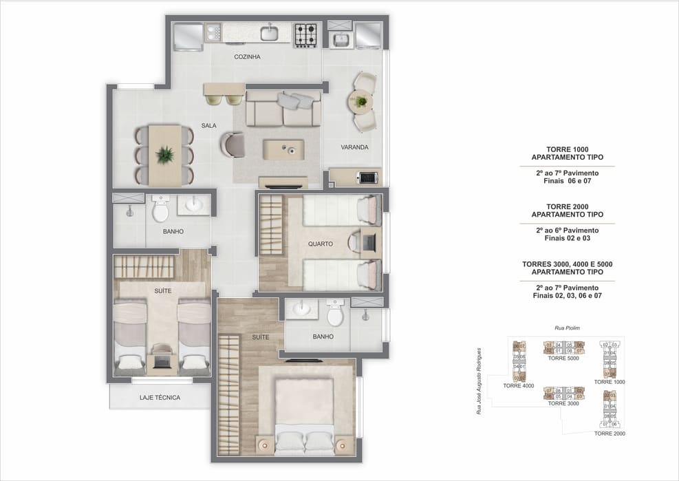 Planta do garden de 3 quartos com quintal privativo e deck do Breeze Inspire Residence Barra Olímpica