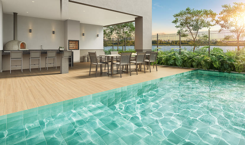 Pool house com churrasqueira e área gourmet do Breeze às margens da piscina