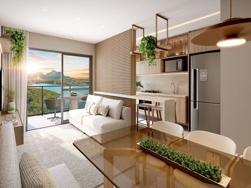 Sala integrada à cozinha do apartamento do Breeze – ambientes amplos e modernos