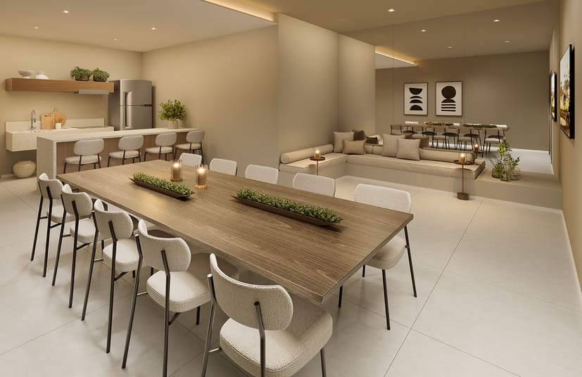 Salão gourmet do Breeze Inspire Residence – espaço elegante para receber família e amigos