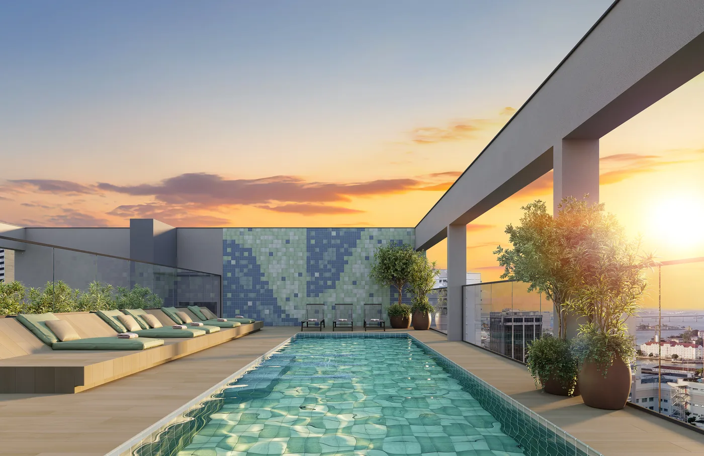 Perspectiva ilustrativa da piscina e do solarium no rooftop do Connect Square