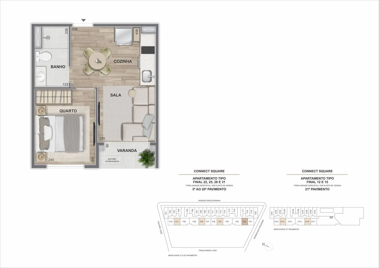 Planta ilustrativa de apartamento de 1 quarto com varanda do Connect Square