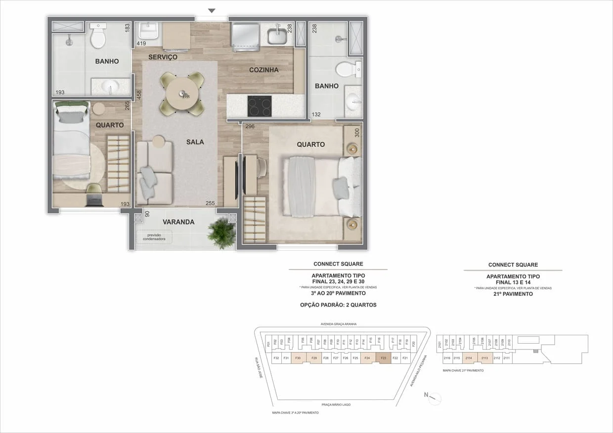 Planta ilustrativa de apartamento de 2 quartos com varanda do Connect Square