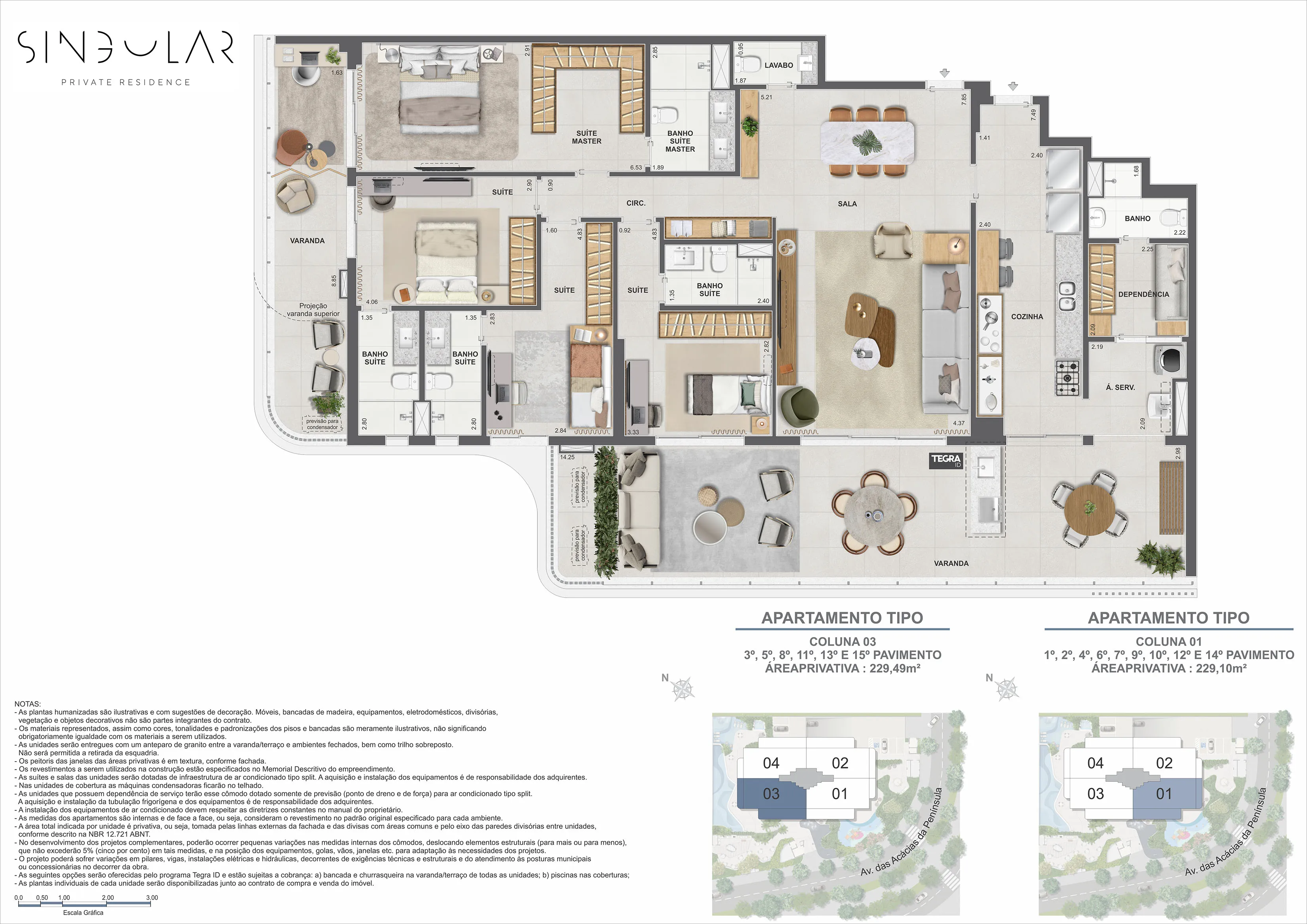 Planta Tipo Coluna 3 Vista Lagoa â€“ 229mÂ² â€“ Singular â€“ PenÃ­nsula, Barra da Tijuca â€“ GPS -23.008700 -43.369100 â€“ Tegra