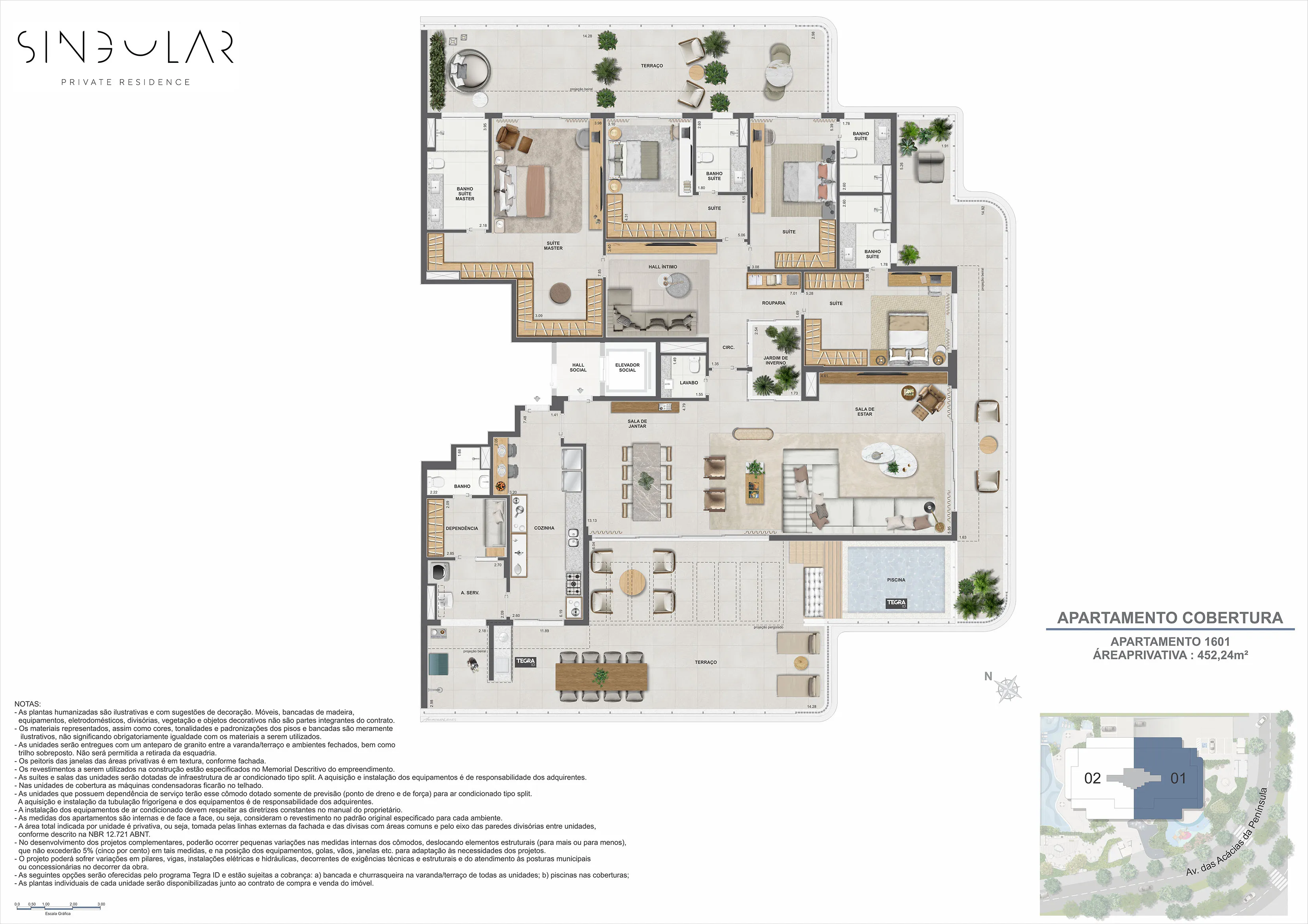 Cobertura Linear Singular 452m² – Terraço Privativo – Península, Barra da Tijuca – GPS -23.008700 -43.369100 – Tegra