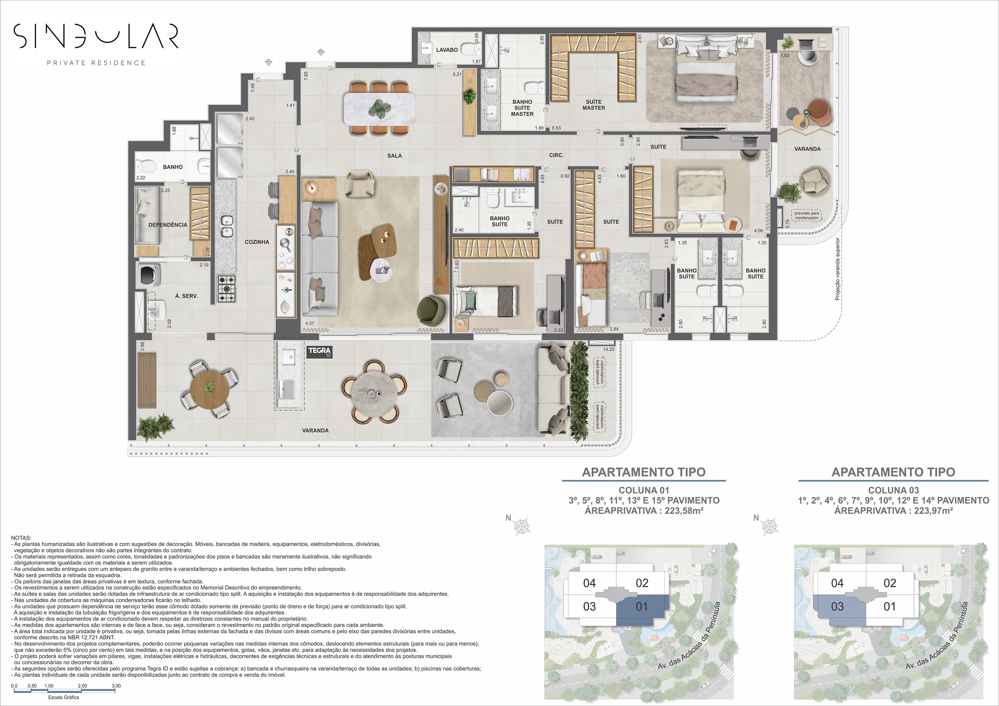 Planta Tipo Coluna 1 e 3 – 4 Suítes 223m² – Singular Private Residence – Península, Barra da Tijuca – GPS -23.008700 -43.369100 – Tegra