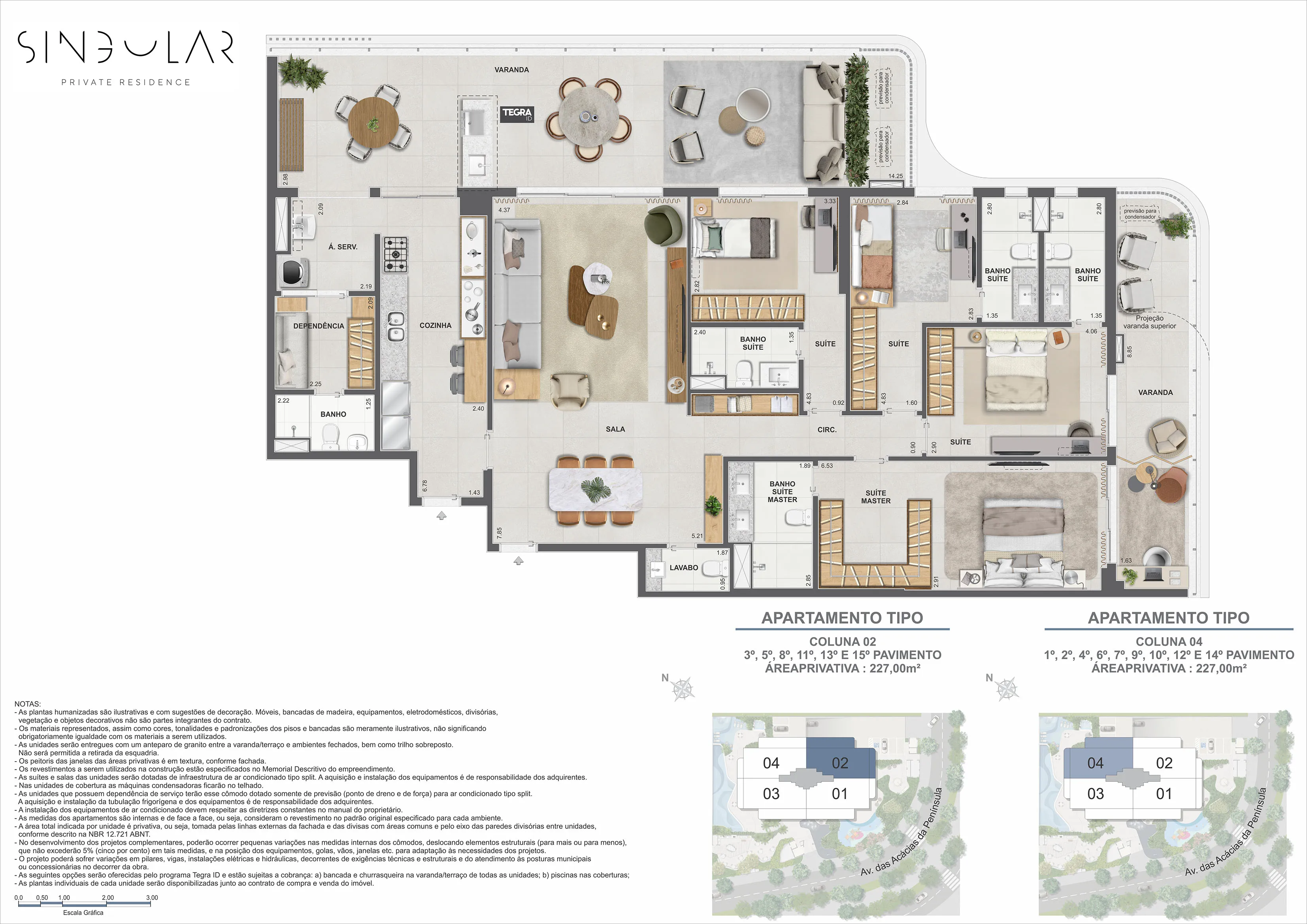 Planta Tipo Coluna 2 e 4 – 4 Suítes 227m² – Singular – Península, Barra da Tijuca – GPS -23.008700 -43.369100 – Tegra